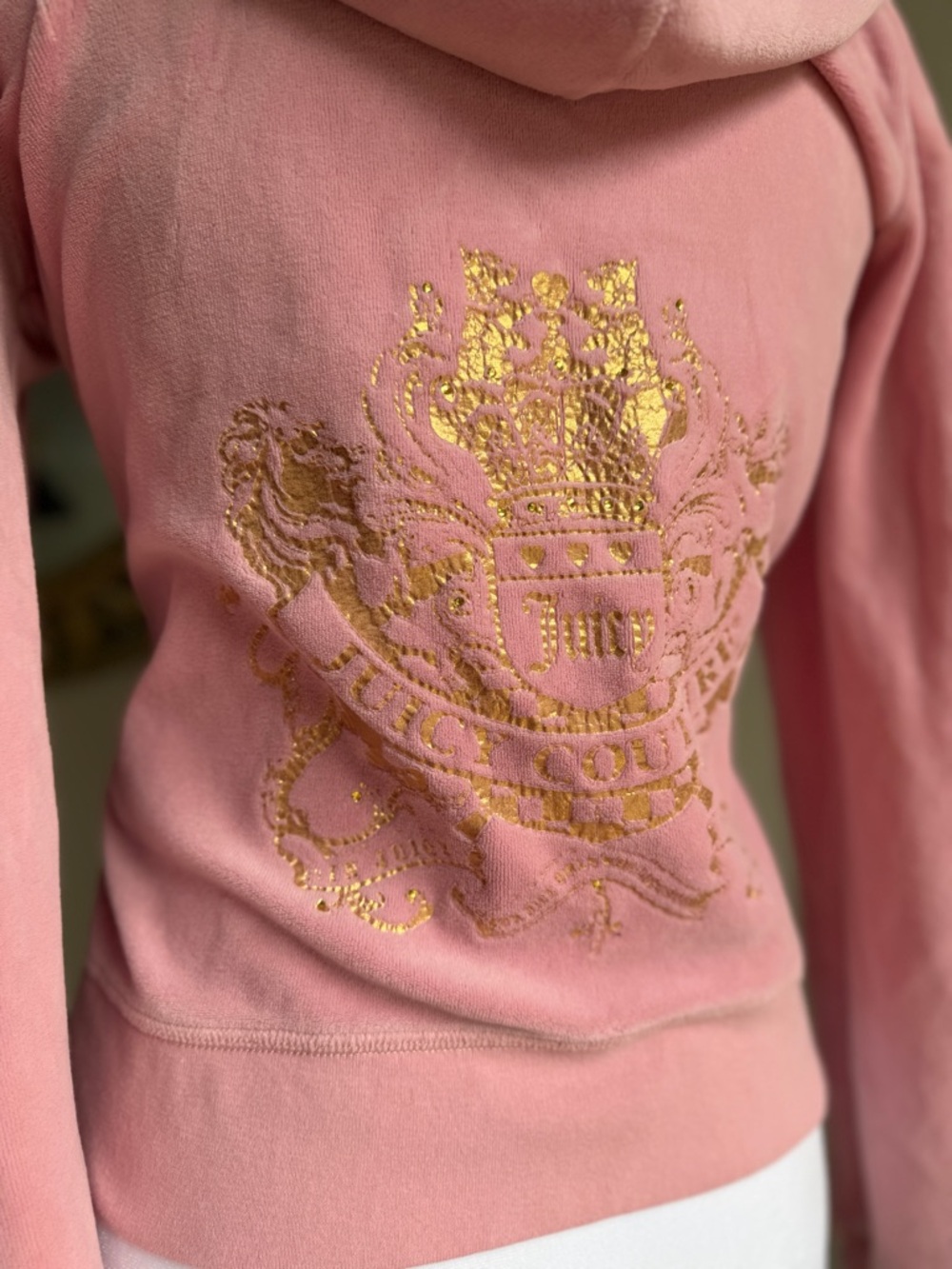 Juicy Couture Pink Velour Hoodie with Gold Crest Detail